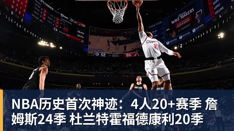 NBA历史首次神迹:4人20+赛季 詹姆斯24季 杜兰特霍福德康利20季
